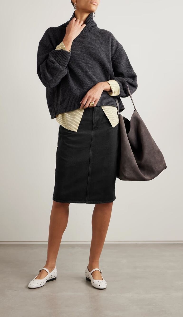 NWT $229 Paige Size 24 Black Denim Siren Midi Skirt w/Back Slit
